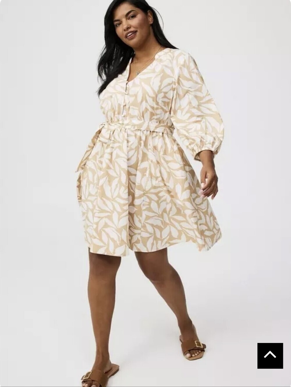 torrid Beige and White Leaf-Print Long Sleeve Dress Size 3X
